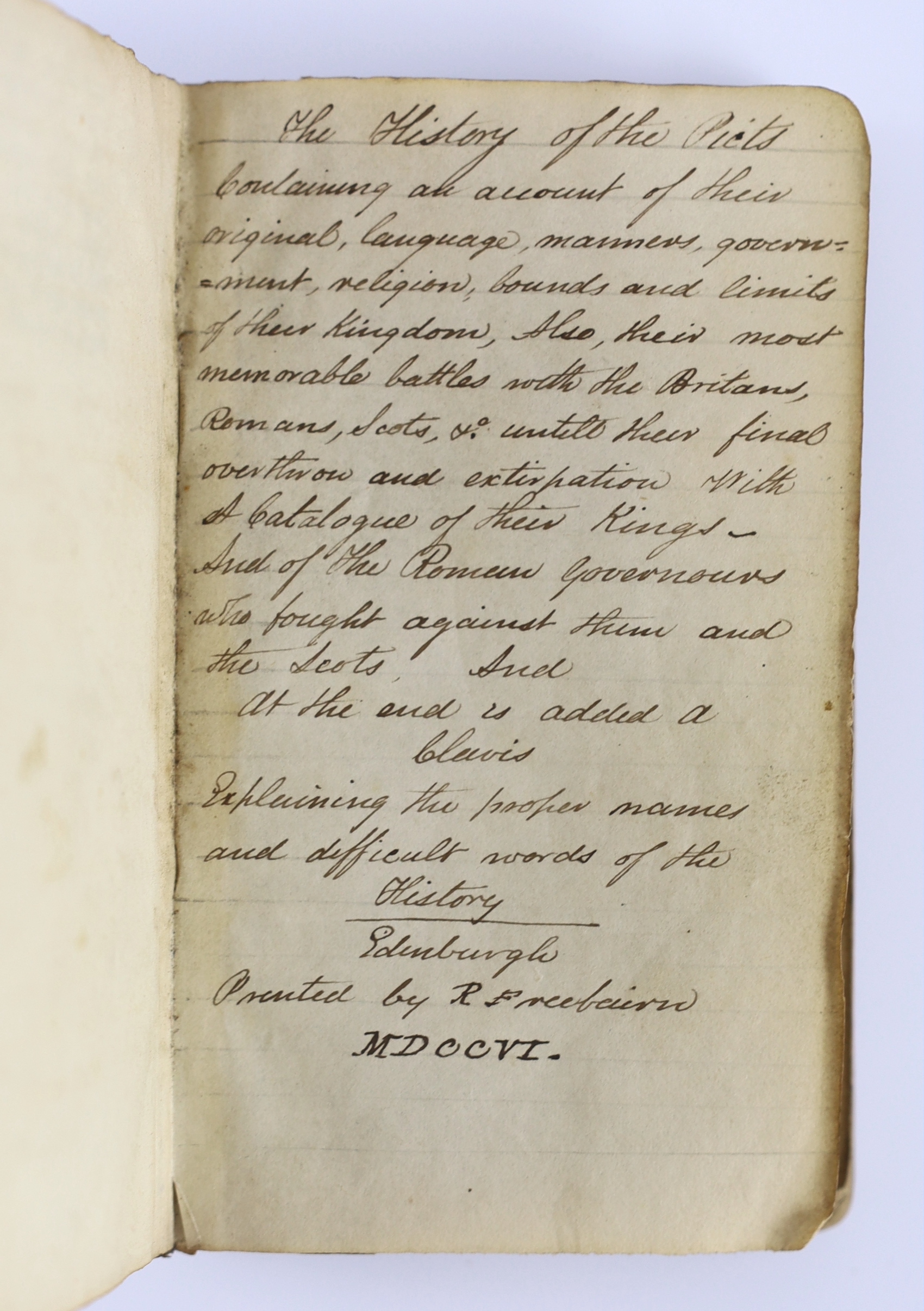 [Maule, Henry - The History of the Picts: containing an account of their origin, language, manners, government, religion, bounds and limits of their Kingdom ...] i.e. lacks title, old calf backed boards, sm.8vo. (Edinbur